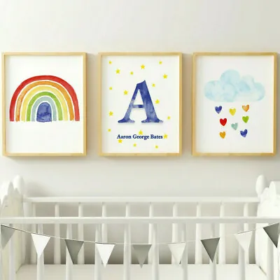 Rainbow Cloud Personalised Name Boys Bedroom Nursery Wall Art Picture Prints • £8.29