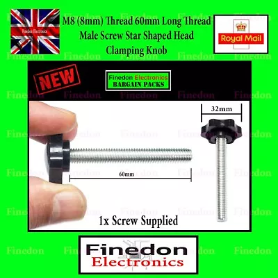 M8 8mm 60mm Thread Male Star Screw Shaped Fixing Clamping Knob Bolt UK Seller • £3.99