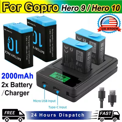 2* Hero 9 10 11 12 Battery & 2-Channel Charger For Gopro Hero 9 10 11 Camera • $34.19