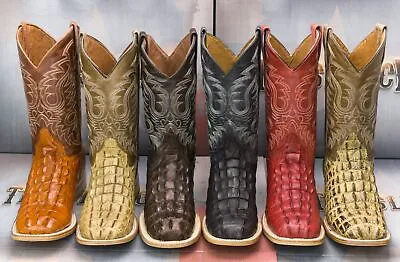 Mens Crocodile Tail Print Cowboy Boots Genuine Leather Western Square Toe Botas • $108.99