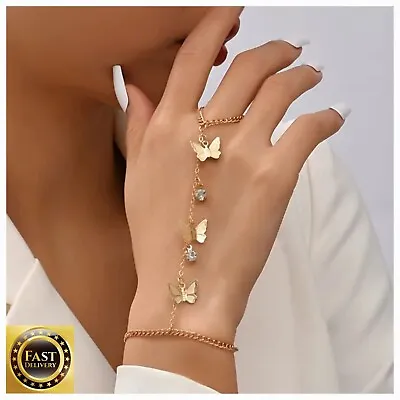 Women's Finger Ring Hand Harness Gold Chain Bracelet Butterfly Charm Adjustable • £4.99