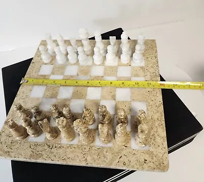 Marble Chess Set Wi Storage Gift Case Board Pieces 12x12  Handmade Coral & White • $59.95