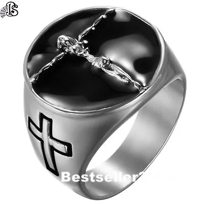 Men's Jesus Christ Crucifix Cross Christian Ring 316L Stainless Steel Band • $10.99