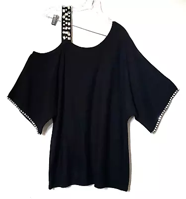 Ashley Stewart Sweater Women 18/20 Black Cold Shoulder Rhinestones Short Sleeves • £17.36