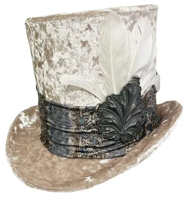 Velvet Top Hat Beige Off White Sand Blue Silver Steampunk Dandy Mad Hatter Weddi • $85