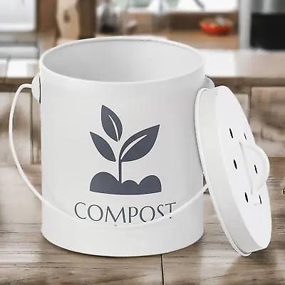 Kitchen Food Waste Compost Caddy Bin Countertop Recycling Lid Steel Metal White • £10.99