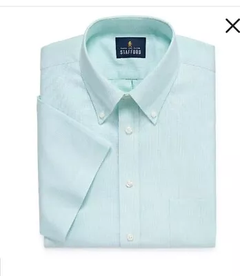 NEW Stafford Wrinkle-Free Oxford Dress Shirt Men 18 Short Sleeve Color Aqua  • $25