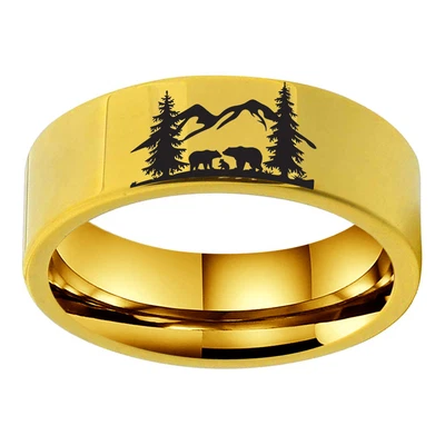 $99.99 • Buy 8mm Gold Tungsten Men Wedding Band Forest Mountain Animal Landscape Deer Wolf