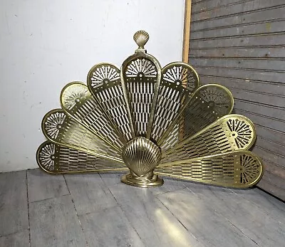 Vintage Brass Folding Peacock Fan Fireplace Screen Sea Shell Clam Victorian • $315