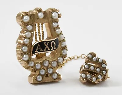 $189 • Buy Vintage 10K Yellow Gold Seed Pearl Alpha Chi Omega Sorority Pin Hanging Lyre