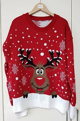 Unisex Christmas Jumper Reindeer One Size Red White Festive Knitwear Winter • £7.99