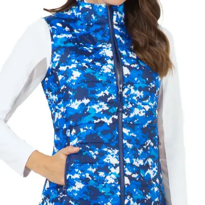 NWT Ibkul Women's Quilted Puffer Vest Zip-Front Pockets M L XL XXL Blue Camo F1 • $45.59