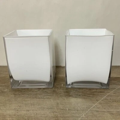 $12.99 • Buy *Pair/Set Of 2 Small Frosted White 5” Cube Glass Flower VASE Candle Holder Decor