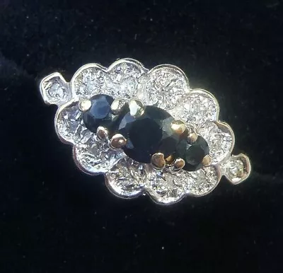 Antique Style 9ct Gold Sapphire & Diamond Three Stone Ring Size L1/2 • £149.99