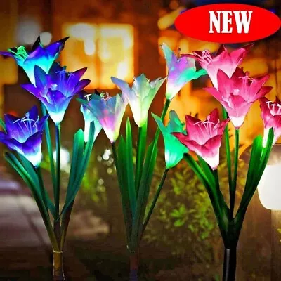 $13.99 • Buy 2 Pack Solar Power Lily Flower 4 LED Lights Garden Stake Lamp Yard Outdoor Decor