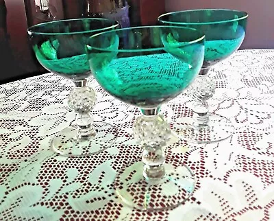 Vintage 1930s Emerald Green Morgantown Golf Ball Champagne/Tall Sherbet Glasses • $25.99