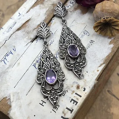 VINTAGE Sterling Silver 925 Amethyst Marcasite Drop Earrings Art Deco Inspired • £26.99