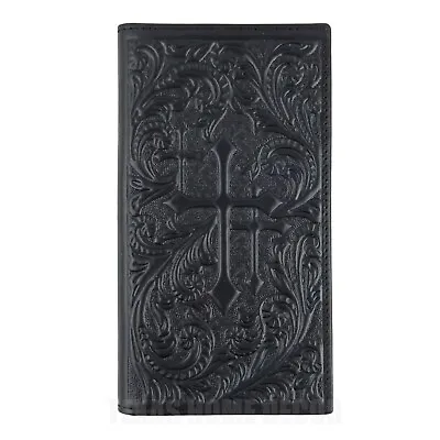 Western Men's Rodeo Wallet Bi-Fold Genuine Black Leather Tooled Crosses Leaf  • $35.95