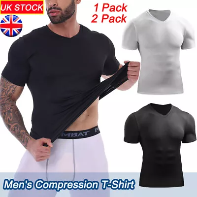 Sports Mens V-neck Compression T-Shirt Short Sleeve Athletic Tops Quick Drying • £22.79