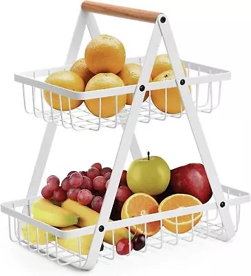 2 Tier Fruit Basket Handle Holder Rack Vegetable Bowl Storage Stand Dining Unit • £11.93