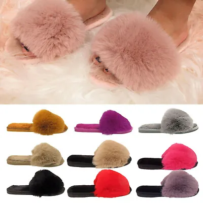 £7.40 • Buy Ladies Furry Slippers Womens Bedroom Winter Fur Trim Open Toe Mules Sizes 3-8