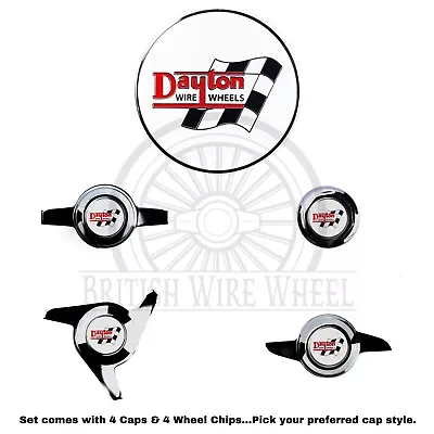 Dayton Chrome & White Metal Wheel Chip Emblems With Spinner Caps Set Of 4 • $273.58
