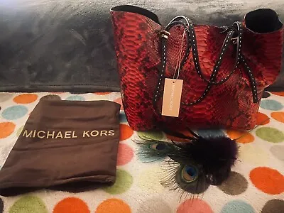 NWT Michael Kors “Gia” Python Leather & Suede Tote Bag Purse $1795 -Crimson Red • $1598.88