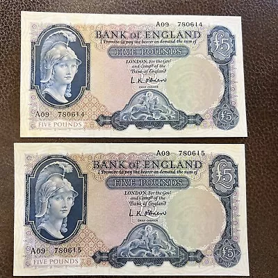 2 Bills -bank Of England 5 Pounds 1957-1961 Uncirculated Banknote Signed O'brien • $26