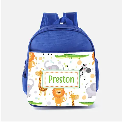 Personalised Cartoon Safari Zoo Animals Boys Kids Backpack Childrens School Bag • £17.99