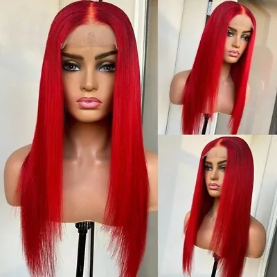 Heat Resistant Natural T Lace Front Wigs Handtied Hot Red Long Straight • $9.99