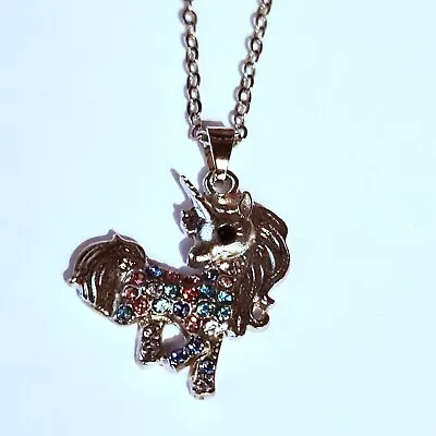 Silver Plated Girls Multicoloured Crystal Unicorn Necklace • £0.99