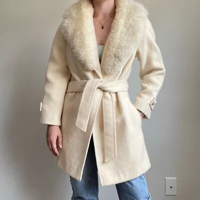 Vintage 1970s Womens White Wool Country Pacer Fluffy Collar Coat Jacket Sz M • $119