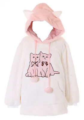 £44.52 • Buy TS-363-2 White Cat Ears Hood Embroidered Teddy Fleece Pullover Pastel Goth