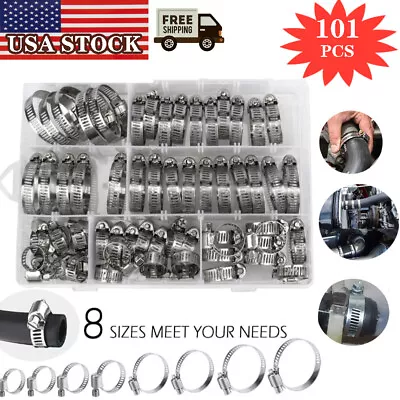 101pcs Adjustable Hose Clamps Worm Gear Stainless Steel Clamp Assortment 8 Sizes • $15.56