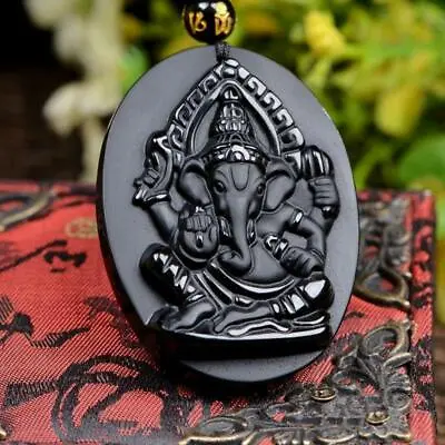 Black Obsidian Ganesha Elephant Necklace Wealth Amulet Pendant With Bead Chain • $10.50