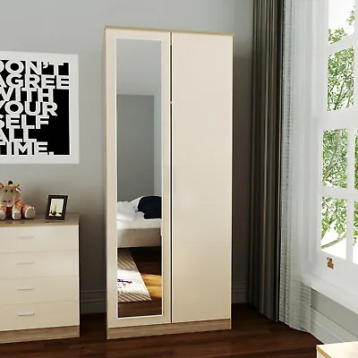 Bedroom 2 Doors High Gloss Wardrobe Furniture Storage Hanging Rail With Mirror • £122.18