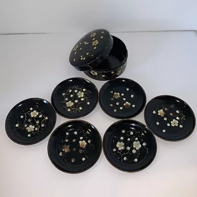 Set Of 6 Black Lacquer Floral Decorative Coasters - Made In Japan • $8.50