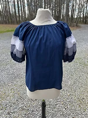 Vintage Square Dance Top Blouse Navy White  XL Cottage Prairie • $22