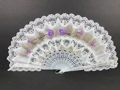 Purple Floral White Lace Fan Womens Vintage Collectible Asian Motif Dainty Class • $3.96