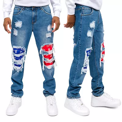 Victorious Men's Casual Bandana Distressed Blowout Loose Fit Denim Jeans DL1387 • $37.95