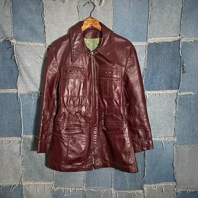 Vintage 70s Leather Blazer Jacket Hippie Unbranded Red Lining 4 Pocket Size M • $60