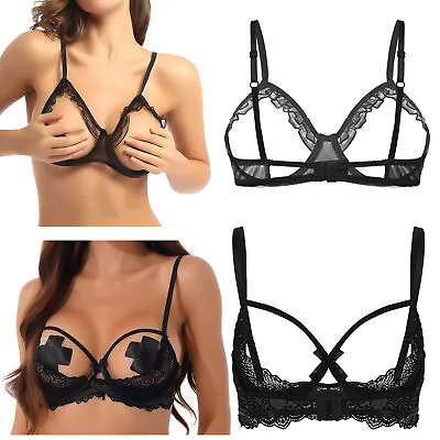 Woman's Lace Sheer Push Up Hollow Shelf Bra See-Through Quarter Cup Bralette  • $17.15