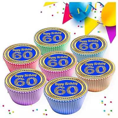 Happy Birthday 60th Age 60 Blue Cupcake Toppers Edible Premium Decorations 1841 • £2.99