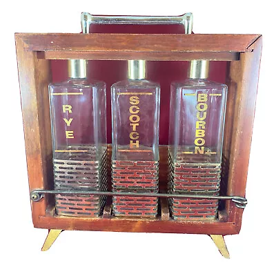 Vintage Mid-Century Tantalus - Rye Scotch & Bourbon Bottles With Wooden Rack • $237.14