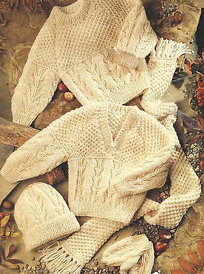 Baby Aran Knitting Pattern Sweaters Hat Mittens Scarf Boys & Girls 16-30   514 • £2.09