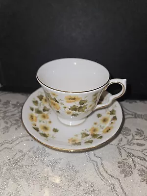 Queen Anne Bone China Footed Cup Saucer Set Yellow Flowers 8643 D671 England EUC • $14.52