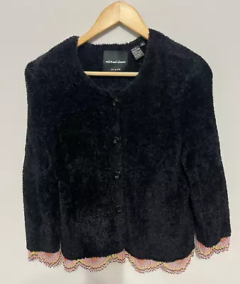 Michael Simon Beaded Fringe Hem Sweater Cardigan Size M Solid Black • $49.95