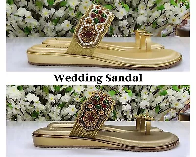 Women's Sandals Low Heels Indian Bridal Shoes Handmade Pearls Decorative Flat • $72.99