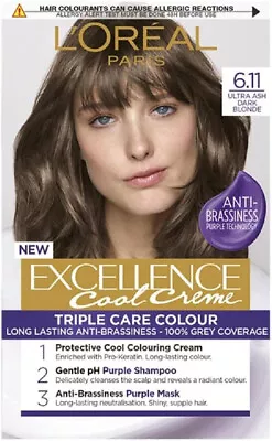 L'oreal Paris Excellence Permanent  Cool Crème 6.11 Ultra Ash Dark Blonde • £11.84