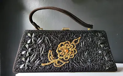 VTG 50's CARON  Of HOUSTON BLACK FELT EMBROIDERED  BEADED HAND BAG W/ GOLD FRAME • $49